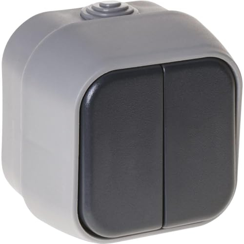 Interruptor doble IP54, gris, 7x7x5 cm; ideal para uso en exteriores y ambientes húmedos, resistente al agua y al polvo.