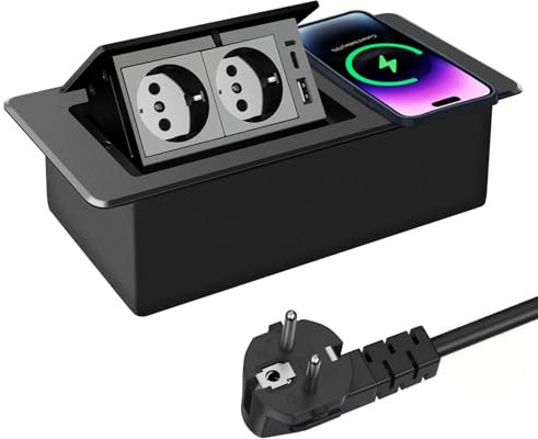 Presa Retrattile, Multipresa da Scrivania, Multipresa Retrattile con 1 USB A + 1 USB C, Ricarica Rapida Wireless da 15W, Presa da Incasso a 2 Vie, per Piano di Lavoro, Ufficio, Cucina