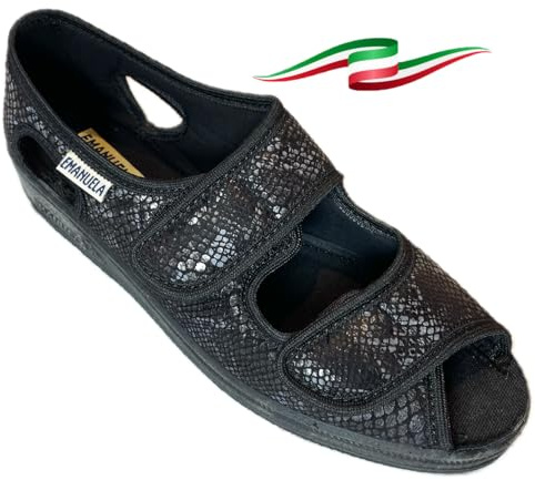 EMANUELA Sandali ciabatte pantofole donna regolabili con strappi tessuto SNAKE lucido nero Made in italy (snake nero, Sistema Taglie Calzature EU, Adulto, Donna, Numero, Media, 42)