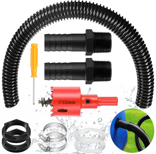 Kit Collegamento Serbatoio Acqua Piovana con Dado Bloccaggio e Apri Buco, 100 cm Tubo Connessione E 2 Raccordi Tubi 25 mm, 2 Guarnizioni Gomma & 2 Fascette Stringitubo Connettore per Botte Pioggia