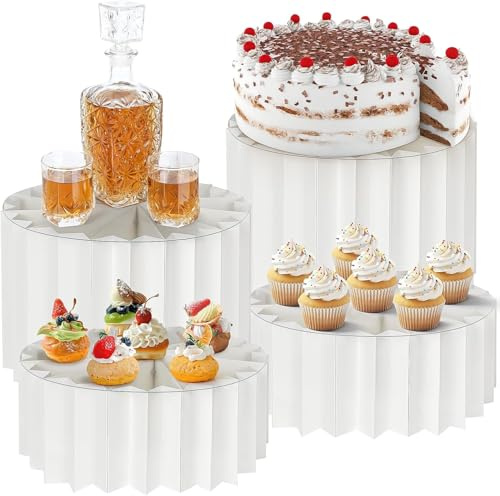 MALLOOM Lot de 4 Rehausseurs de Buffet – Présentoirs Blancs Cylindriques en Carton pour Desserts, Gâteaux, Bijoux, Figurines – Idéal pour Fêtes, Mariages, Collectors