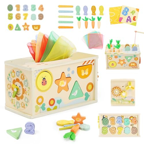 Almaxi Jeux Montessori 1 an, 6 en 1 Jouet en Bois Boîte à Mouchoirs avec Engrenages, Jeu de Pêche et Tri de Formes, Montessori Sensoriel pour Bebe 12+Mois, Cadeau pour Filles et Garçons de 1 2 3 Ans
