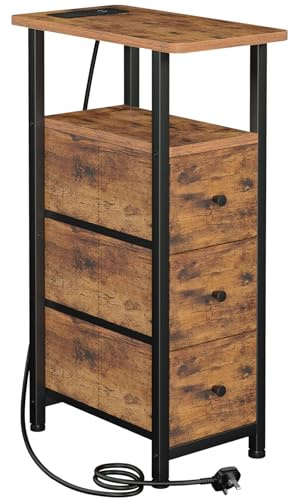 LOAKEKEL Narrow Bedside Table, Slim Side Table with Charging Station