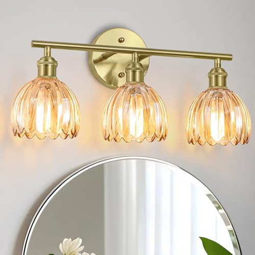 Kvhiiw Vintage Bathroom Light Fixtures,3-Light Hardwired Vanity Lights with Amber Tulip Glass Shade,Gold Bathroom Vanity Light for Mirror Restroom,E26 Socket,18.5 in(Bulbs Not Included)