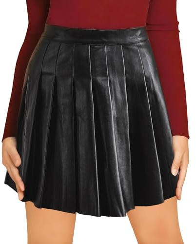 Zidoley Jupe Femme été Look Cuir, Cuir PU, Tenue Festival, Mini Jupe, Jupe Plissée, pour Loisirs, Festival De Musique, Patineuse (FR/ES, Tour de Taille, Grand, Taille Normale, Taille Normale, Noir)