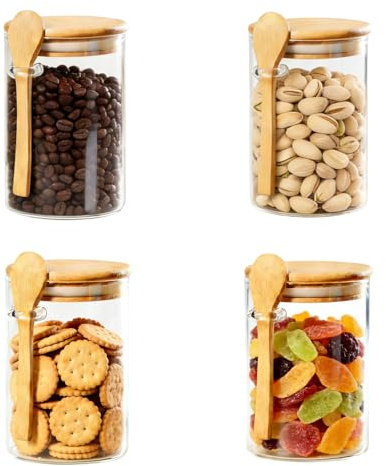 Felenny Förvaringsburk med lock och sked, återanvändbar glasbehållare med bra tätning, lämplig för förvaring av frön, kryddor, torkade frukter, salt, socker, kaffe, te, 600 ml x 4