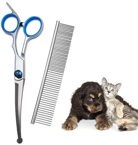 Hunde Scheren Gebogen, Edelstahl Fellschere für Hunde und Katzen, hundeschere gebogen und Stahlkamm, Runde Sicherheitsspitze, Ergonomisch und Leise, Professionelle Haustier-Grooming Schere