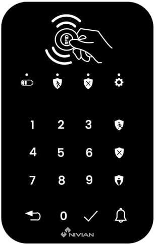 Nivian NVS-KEYPAD – Clavier sans Fil pour Alarme NVS-TOUCHALARM, Lecteur RFID 125 kHz, Bouton Sonnette, Communication RF 433 MHz, Portée 80 m, Batterie Rechargeable, Anti-Sabotage