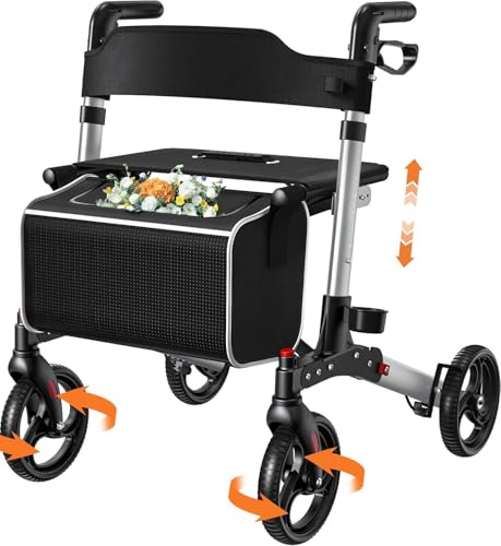 Rollator con seduta, Rollator a 4 ruote pieghevole per adulti, Portata fino a 136 kg, Sistema di doppio freno, Ruote da 8, 6 livelli di altezza regolabile, Borsa rimovibile & Schienale – Argento