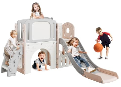 CherishCradle Kinderrutsche 8-in-1 Für Kleinkinder, Indoor & Outdoor Rutsche Mit Basketballkorb, Klettergerüst, Schaukel, Tunnel & Fernrohr, Spielgerät Für Kinder Ab 1–3 Jahre