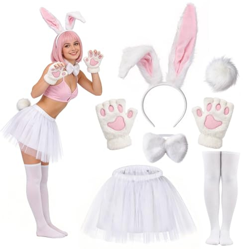 Beipegin Déguisement Lapin Femme Oreilles de Lapin Jupe Tutu Nœud Papillon Queue Gants Costume Animal Déguisements Pâques Carnaval Halloween