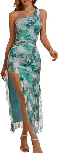 DRESSTELLS Women Formal Wedding Guest Long Cocktail Party One Shoulder Mesh Ruched Bodycon Slit Dress