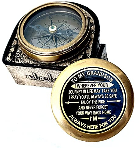 Gift for Grandson Brass Compass Engraved Quote | Memory Present to My Grandson Birthday, Baptism, Graduation, Confirmation, Love, Gift idea by Grandpa Grandma (Grandson - Always Here for You)