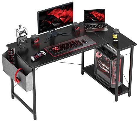 CubiCubi L Shaped Gaming Desk, 100x70 cm Computer Desk with Storage Bag, Office Desk Writing Table with Large Reversible Storage Shelves, Workstation for Study, Play, Work, Home Office, Black
