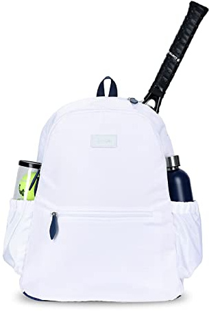 Ame & Lulu Courtside 2.0 Tennis-Rucksack, gepolsterte und verstellbare Riemen, enthält Zwei Außentaschen für Wasserflaschen, Weiß/Marineblau, 1 Stück