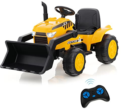 COSTWAY 12V Excavadora Eléctrico de Paseo para Niños, Bulldozer a Batería con Cazo de Excavación Ajustable, Faros LED, Música, Bocina, USB, Arranque Suave para Niños de 3 a 8 Años