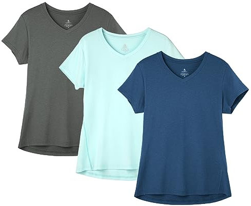 icyzone Damen Sport Fitness T-Shirt Kurzarm V-Ausschnitt Laufshirt Gym Top Funktionsshirt, 3er Pack (XL, Dark Grey/True Navy/Aqua)
