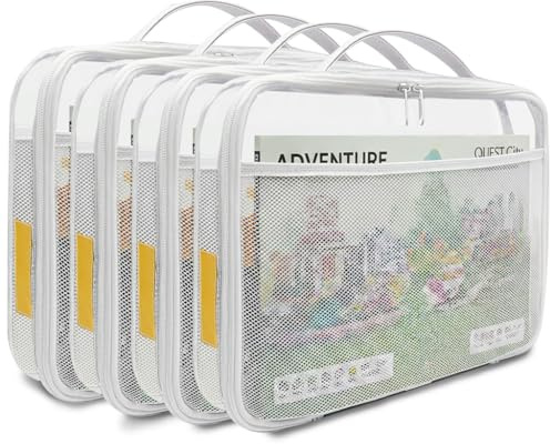 holay 4 Packs Large PVC Toy Storage Organizer with Zipper, Name Tag & Manual Pocket, Clear Durable Case for Blocks, Clay, Board Games, Travel (White, Large)