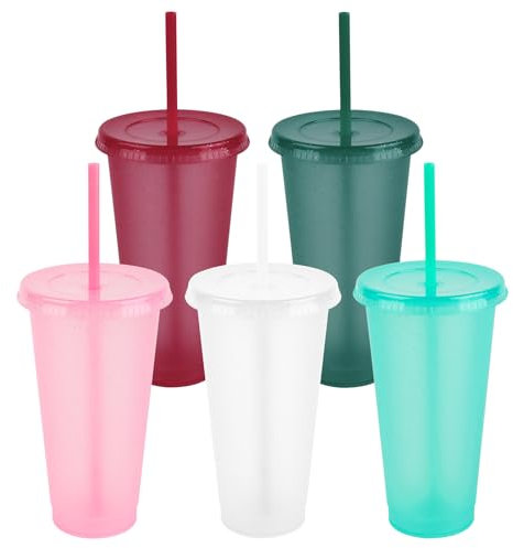 Taza Talifoca: Vasos de Plástico Reutilizables de Colores con Tapa y Pajitas, 5 Unidades, 710 ml, Ideal para Fiestas, Camping y Niños