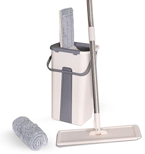 K-ONE Bucket Set Floor Mop Reusable Pack of Microfibre Flat Mop Pad Easy and Simple to Squeeze For Cleaning All Floors -Tiles-Laminate - Hardwood Floors (Mop with 1 Pad Beige)