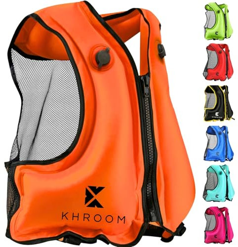 Khroom Gilet Gonflable Conforme aux Normes EU | 150-210 cm, jusqu'à 100 kg | Gilet de flottaison pour Adultes/Ados | Aide à la flottabilité pour plongée en apnée, Le Kayak et Le Sup (V2 Orange)