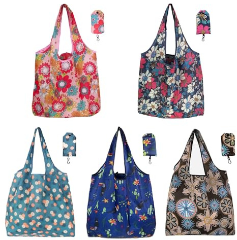 SYEYCW 5 Pezzi Borse Spesa Riutilizzabili, Pacchi Borsa Impermeabile Shopping Bag, Borse Pieghevole Spesa, Borsa Della Spesa Ecologica e Pratica, per Generi Alimentari, Shopping, Viaggi, Campeggio