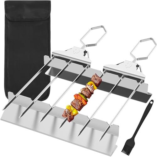Pipihome 2 Pièce Brochettes pour Barbecue, Brochettes en Acier Inoxydable à 3 Pointes, Pique Brochette avec Brosses, Pique a Brochette, Pic Brochette Inox, Réutilisables Brochettes de Viande Légumes