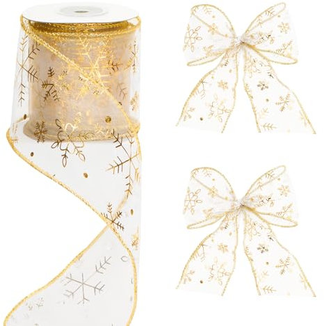 G2PLUS 10 Yd Oro Nastro Fiocco Neve Natale 6cm Organza Nastro Ferro Albero Artigianato Decorazione