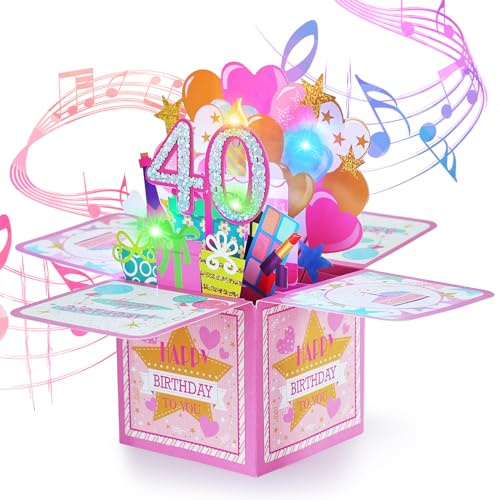 joyoldelf Tarjeta Felicitacion Cumpleaños 40 Años - Tarjetas Cumpleaños Originales Con MúSica Pop-Up, Personalizadas 3D Birthday Card, Regalo Sorpresa Para Amigo Novia Mamá Novio