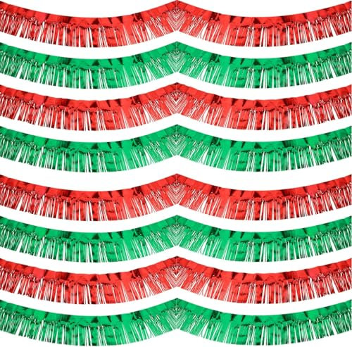 KAHEIGN 8Pcs Christmas Fringe Garlands, 30cm x 3m Red Green Foil Fringe Garland Metallic Tinsel Chunky Glittering Tinsel Thick Shiny Garland for Christmas Tree Holiday Party Decoration