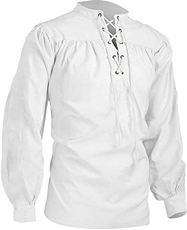 Caxndycing Chemise médiévale pour homme - Tunique en lin - Manches longues - Col rétro avec lacets - Chemise de loisirs en lin - Yoga - Chemise décontractée - Chemise de pêcheur - Chemise de pirate -
