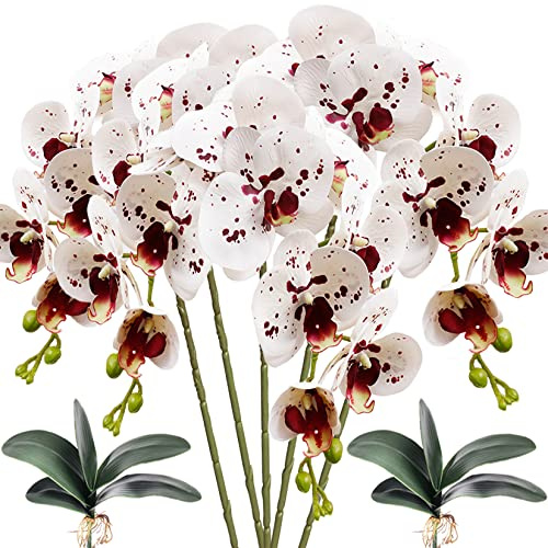 HinyoCo 5 Pz Fiori Orchidea Finta Ramo Artificiali Phalaenopsis Fiori Orchidea con 2 Pz Foglie per Casa Decorazione (Bianco con macchie)