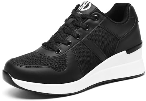 GURGER Damen Keilabsatz Sneakers Atmungsaktiv Modische Freizeitschuhe Wedges Plateau Keilsneaker Keil Schuhe Schwarz Größe 38