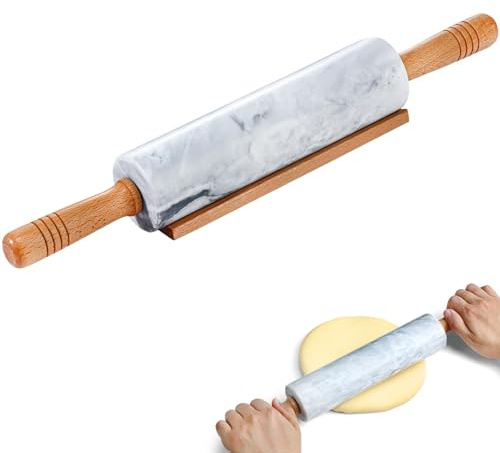Gymdin Marble Rolling Pin - 18.9 Marble Rolling Pins for Baking, Pastry, Pizza Dough & More - Polished Non-Stick Surface, Long Dough Roller with Wooden Handles & Base