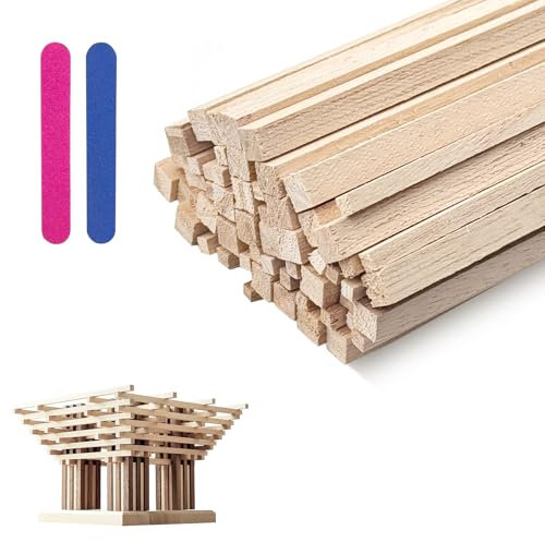 60Stkss Quadratische Holzstäbe Set, 3x3x300mm Unbehandeltes Holzstab Eckig, 6x6x300mm Natürlich Basteln Holzleisten, Blanko Hartholzstäbchen mit Nagelfeile, für Heimwerker DIY Handwerk
