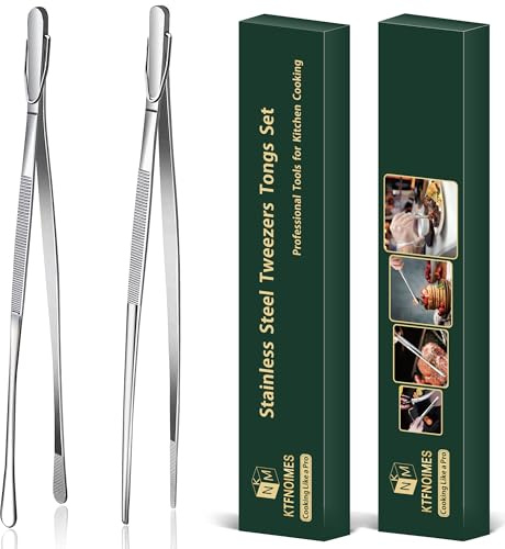 KTFNOMES 2 Pcs 12-Inch Cooking Tweezers Fine Tweezer Tongs, Extra-Long Stainless Steel Kitchen Tweezers, for Grilling, Serving, and Food Preparation,Silver