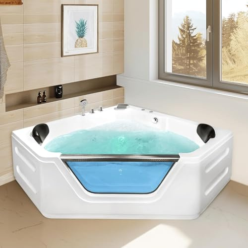 Corner Tub 2 Person Acrylic Whirlpool Bathtub,59 Corner Jetted Bathtub with Light,Spa Bath tub with 6 Jets,Hydro Massage Tub with Chromatherapy,White