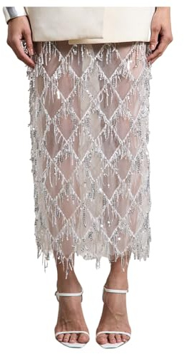 MakeMeChic Women's Sequin Midi Skirts Sheer Fringe Glitter Sparkly Party Club Cover Up Pencil Skirts White Small