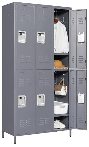 IKIMI Metal Locker 6 Doors Storage Lockers for Employees,72 Tall Staff Cabinet with Shelves and Hooks Steel Sports Locker Cabinet for Office Home Dedroom School Gym Garage,Gray Color