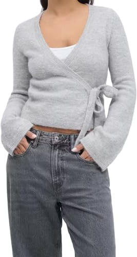 FeMereina Wrap Sweater Tops for Women Lightweight Side Tie Front Ballet Wrap Cardigan Elegant V Neck Fitted Cropped Sweaters