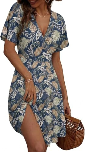 Zeagoo Sommarklänning, v-ringad, kortärmade klänningar, strand, blommönster, klänning med fickor, volang, ärmar, omlottklänning, S–XXL