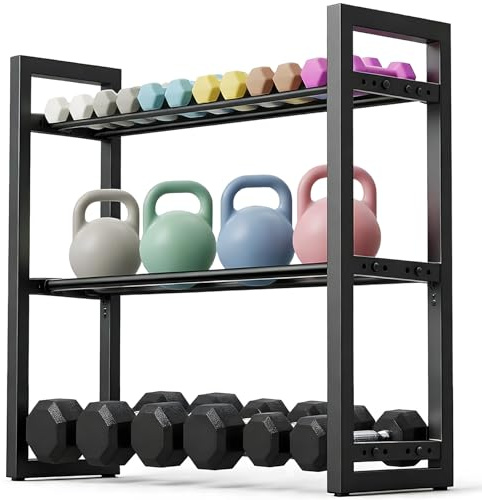 3 nivåer, justerbart hantelstativ, metallstativ för styrketräning, förvaringsställ vikter, platsbesparande hantelställ, Kettlebell-organisatör för gym och hemma (kapacitet 163 kg)