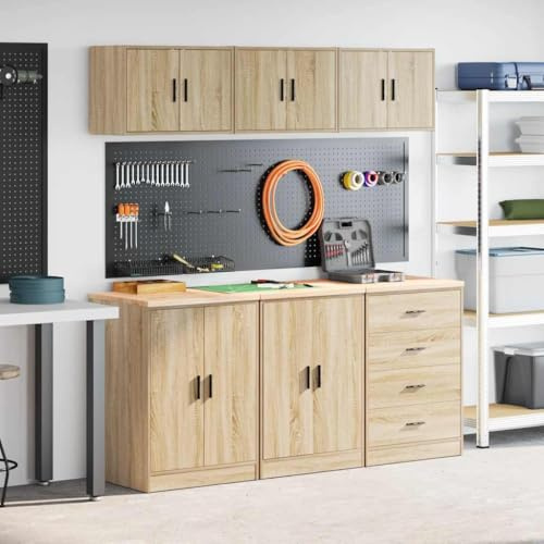 QUAHEAS Lot de 6 armoires de garage - En chêne Sonoma - Armoire d'atelier avec tiroir - Armoire à portes battantes - Rangement pour garage, cave, atelier, avec étagère et serrure - Charge maximale