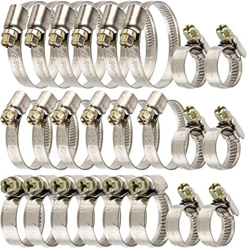 Schlauchschellen mit Schneckenantrieb Set, 24 Stück, Spannbereich Ø 12-50 mm, je 6 x Schellen mit Ø 12-20, 16-25, 25-40, 32-50 mm, W2 Edelstahl, Klemmen mit Kreuzschlitz SW 7, Schlauchklemme