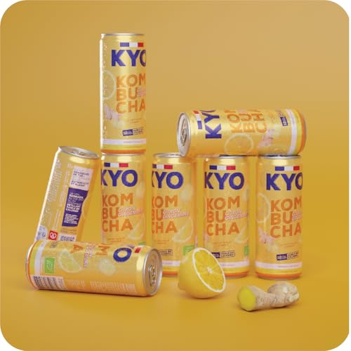KYO Lot de 8 Canettes 33cl Kombucha Citron Gingembre Bio - Pétillant - faible en sucre - sans alcool et artisanal
