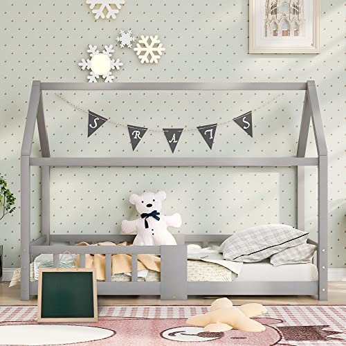Merax Hausbett Kinderbett 200 x 90 cm mit Rausfallschutz und Lattenrost, Vielseitiges Holz Baumhausbett für Jungen & Mädchen - Kinder Haus Bett aus Kiefernholz Jugendbett Massivholz, Grau