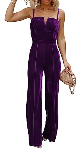 BLENCOT Sleeveless Velvet Jumpsuits For Women V Neck Spaghetti Straps Wide Leg Long Pants Dressy Rompers Winter Overalls Purple Medium