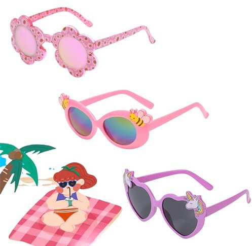 lankai Kinder Sonnenbrillen, 3 Stück Sonnenbrille Kinder 2 jahre/3 jahre, Herz Sonnenbrille, Süße Einhorn Partybrillen, UV-Schutz für Jungen & Mädchen 2-3 Jahre, Ideal für Rave & Party