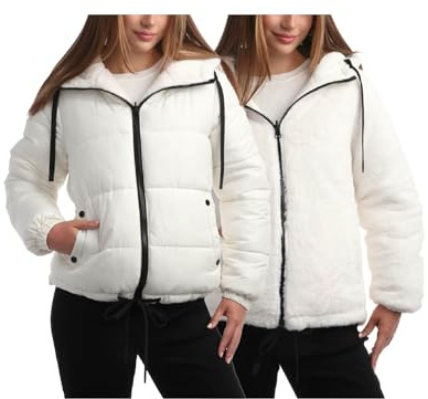 Steve Madden Womens Winter Jacket - Heavyweight Reversible Quilted Parka Puffer Coat Faux Fur Lined Jackets for Women, Size Large, ECRU BEIGE