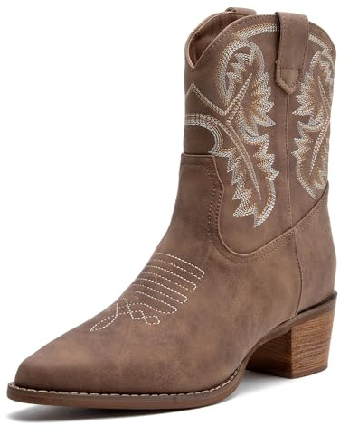 DADAWEN Femme Western Bottines de Cowboy Talon Bloc Bottes de Cowgirl Mi-Mollet Occidentales Classiques Vintage Broderie - Brun 35